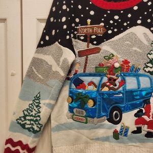 Jollidays HILARIUOS Holiday Sweater with Santa and Reindeer - Red Black and Blue